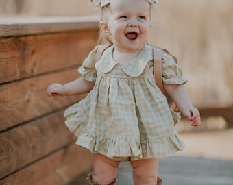 Girl Linen Short Sleeve Babydoll Bodice Top with Ruffled Hem | Color Green Gingham