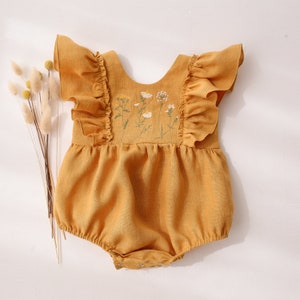 Baby Romper, Linen Romper, Baby Clothes, Baby Girl Linen Bubble Romper with Ruffled Front | Color Powder | “Chamomile Flowers” Embroidery