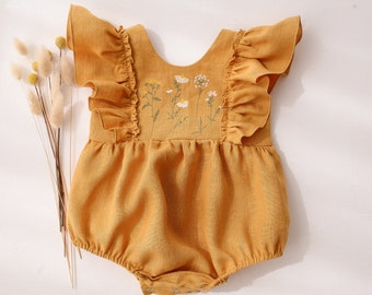 Baby Girl Linen Bubble Playsuit, Romper with Ruffled Front | Color Powder | “Chamomile Flowers” Embroidery
