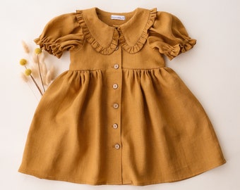 Girl Linen Short Sleeve Frilled Collar Dress | Color Mustard