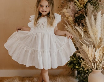 Girl Linen Tiered Dress with Ruffled Front  | Color Milk | “Meadow Flowers” Embroidery