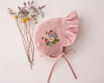 Baby Bonnet, Linen Ruffle Hat with &quot;Strawberry Bouquet&quot; Embroidery, Newborn Photo Prop & Baby Gift in Powder Linen