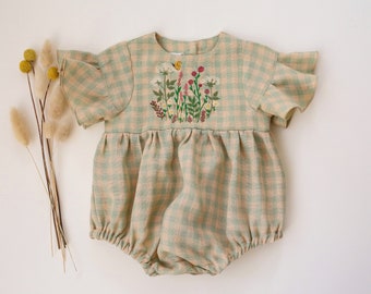 Baby Girl Linen Bubble Playsuit, Romper with Flounce Sleeve | Color Green Gingham | “Wildflowers with Butterfly” Embroidery