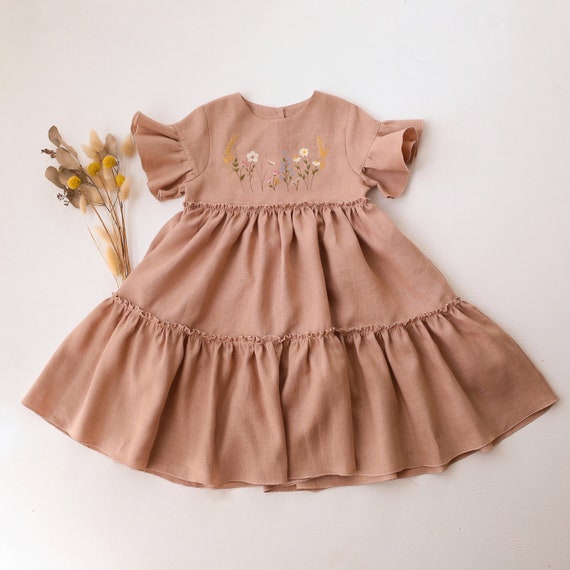 young girl's long brown dress flowers short ruffled sleeves Liberty Print Girl Dress, Ruffle Collar Puff Sleeve, Floral Cotton and function Young Girl Floral Embroidery Ruffle
