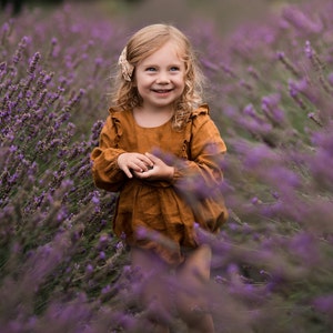Baby Romper, Baby Girl Linen Long Sleeve Bubble Romper with Ruffled Bodice | Color Mustard