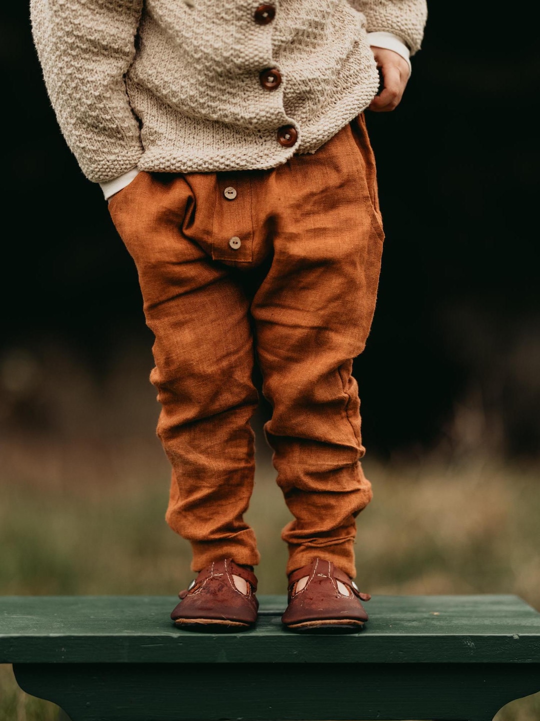 Kids Linen Buttoned Baggy Pants Color Burnt Orange