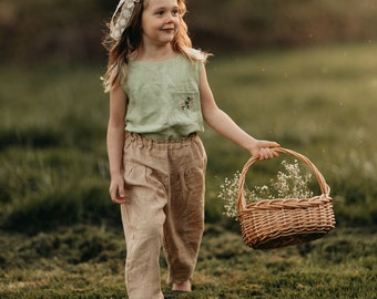 Pantalon court en lin pour fille | Couleur brun clair à rayures