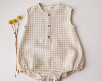 Babylinnen Bubble Onesie, Romper | Kleur Beige gingham