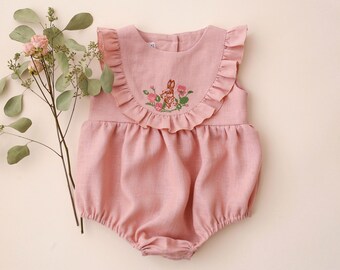 Baby Girl Linen Bubble Playsuit, Romper with Ruffled Bodice | Color Powder | “Bunny in Flowers” Embroidery