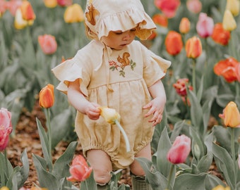 Baby Girl Linen Bubble Playsuit, Romper with Flounce Sleeve | Color Melon | “Squirrel on the Berry Branch” Embroidery