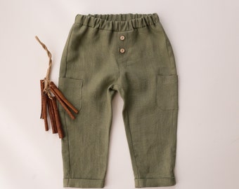 Kids Linen Pocket Pants | Color Olive