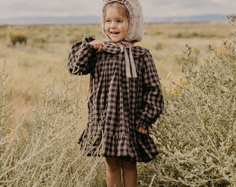 Girl Linen Long Sleeve Peter Pan Collar Babydoll Bodice Dress | Color Taupe & Black Check