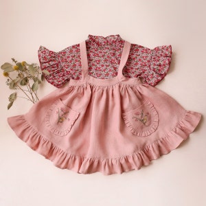 Girl Linen Straps Pinafore with Frills Color Powder Embroidery Bouquet 1 image 3