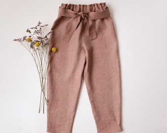 Girl Linen Belted Pants | Color Rose Smoke