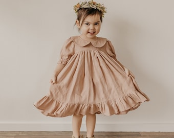 Girl Linen Short Sleeve Dress with Peter Pan Collar and Babydoll Bodice | Color Clay