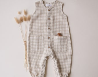 Baby Linen Tank Buttoned Jumpsuit, Romper with Pockets | Color Beige Gingham