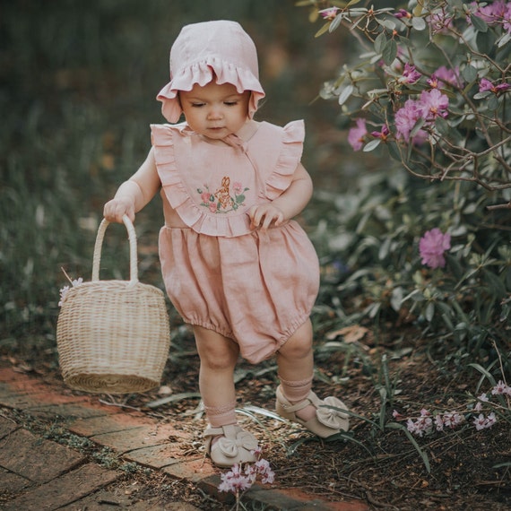 Linen Baby Romper, Ruffled Bodice, Bunny Embroidery, Easter Outfit