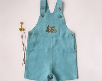 Baby Boy Linen Buttoned Short Dungaree | Color Duck Egg Blue | “Snail on Mushrooms” Embroidery