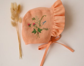 Baby Girl Linen Ruffle Brimmed Bonnet | Color Peach | “Bouquet #2” Embroidery