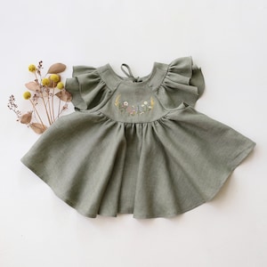 Girl Linen Flutter Sleeve Tie Back Blouse | Color Green Smoke | &quot;Wheat Flower Field&quot; Embroidery