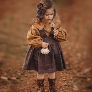 Girl Linen Pintuck Straps Pinafore | Color Plum Check