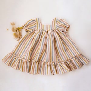 May include: A striped dress in a soft, flowing fabric. The dress features vertical stripes in muted tones of yellow, pink, and gray. It has short, puffed sleeves and a square neckline. A ruffled hemline adds a playful touch to the dress.