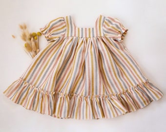 Linen Short Sleeve Square Neck Babydoll Bodice Dress for Girls | Color Rainbow