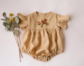 Baby Girl Linen Bubble Playsuit, Romper with Flounce Sleeve | Color Melon | “Squirrel on the Berry Branch” Embroidery