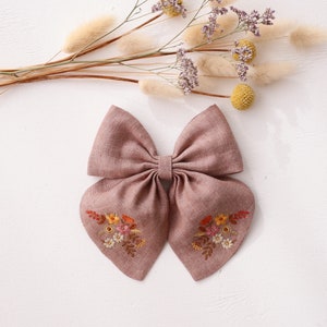Rose Smoke Linen Hair Bow with &quot;Autumn Flowers&quot; Embroidery, Embroidered Hair Bow, Wildflowers Embroidered Hair Clip
