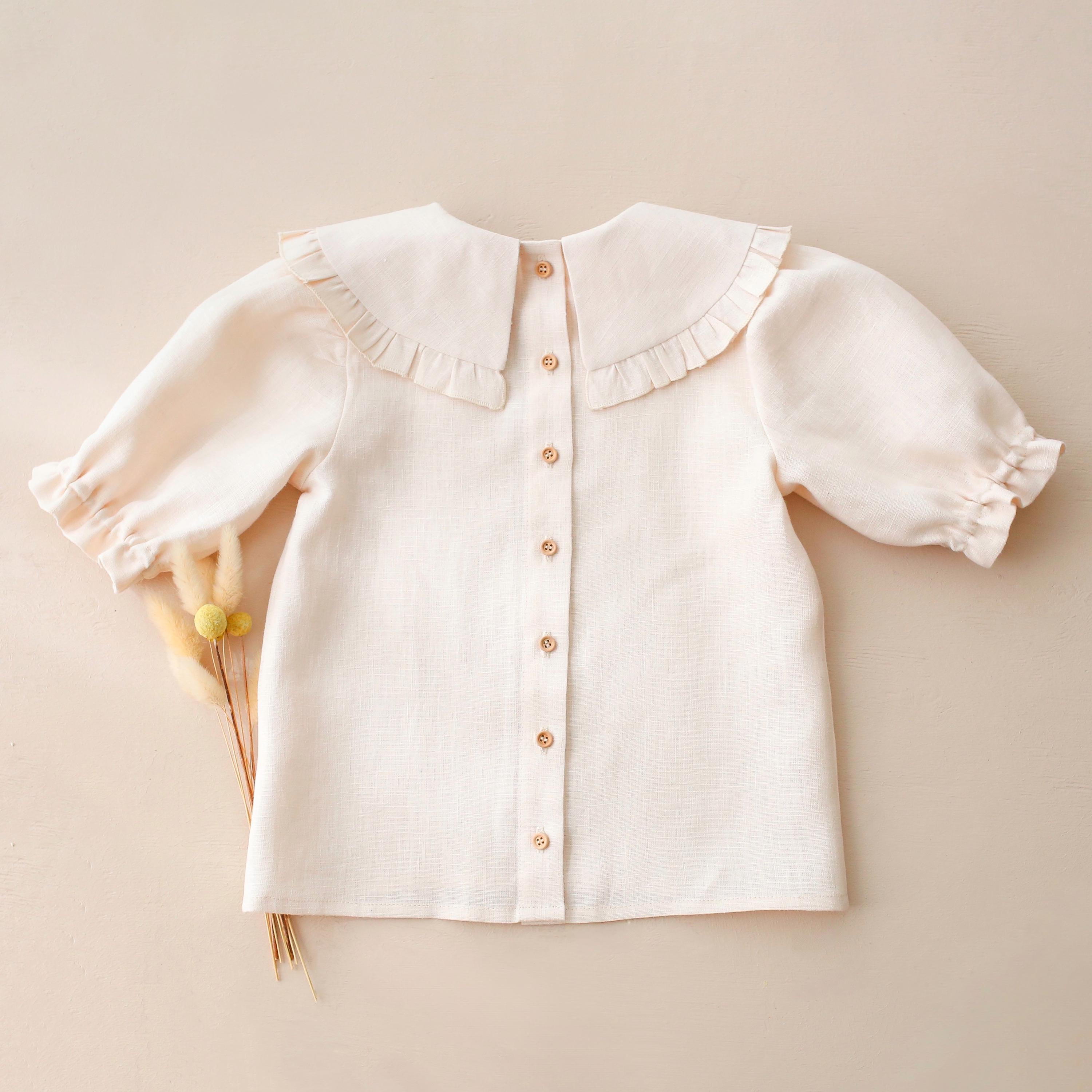 Ivory Linen Girl's Blouse With Frilled Collar & “strawberry