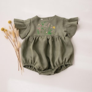 Baby Romper, Linen Romper, Baby Girl Linen Bubble Romper with Flounce Sleeve | Color Olive | “Fairy Wildflowers” Embroidery