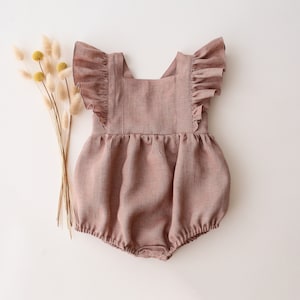 Baby Romper, Linen Romper, Baby Clothes, Baby Girl Linen Vintage Bubble Romper  | Color Rose Smoke