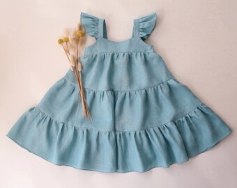 Linen Boho Dress for Girls | Color Duck Egg Blue