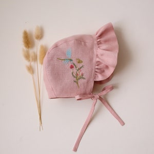Baby Girl Linen Ruffle Brimmed Bonnet | Color Powder | “Dragonfly in Flowers” Embroidery