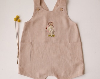 Kids Linen Button Front Jumpsuit, Romper | Color Beige | "Hedgehog on Toadstool" Embroidery