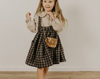 Girl Linen Straps Pinafore with Pockets | Color Taupe & Black Check