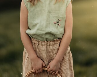 Kids Linen Relaxed Fit Tank Top | Color Spring Green | "Clover Flower" Embroidery