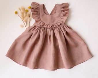 Girl Linen Dress with Ruffled Bodice | Color Rose Smoke