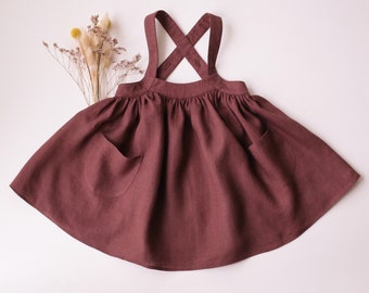 Chocolate Plum Linen Straps Pinafore with Pockets
