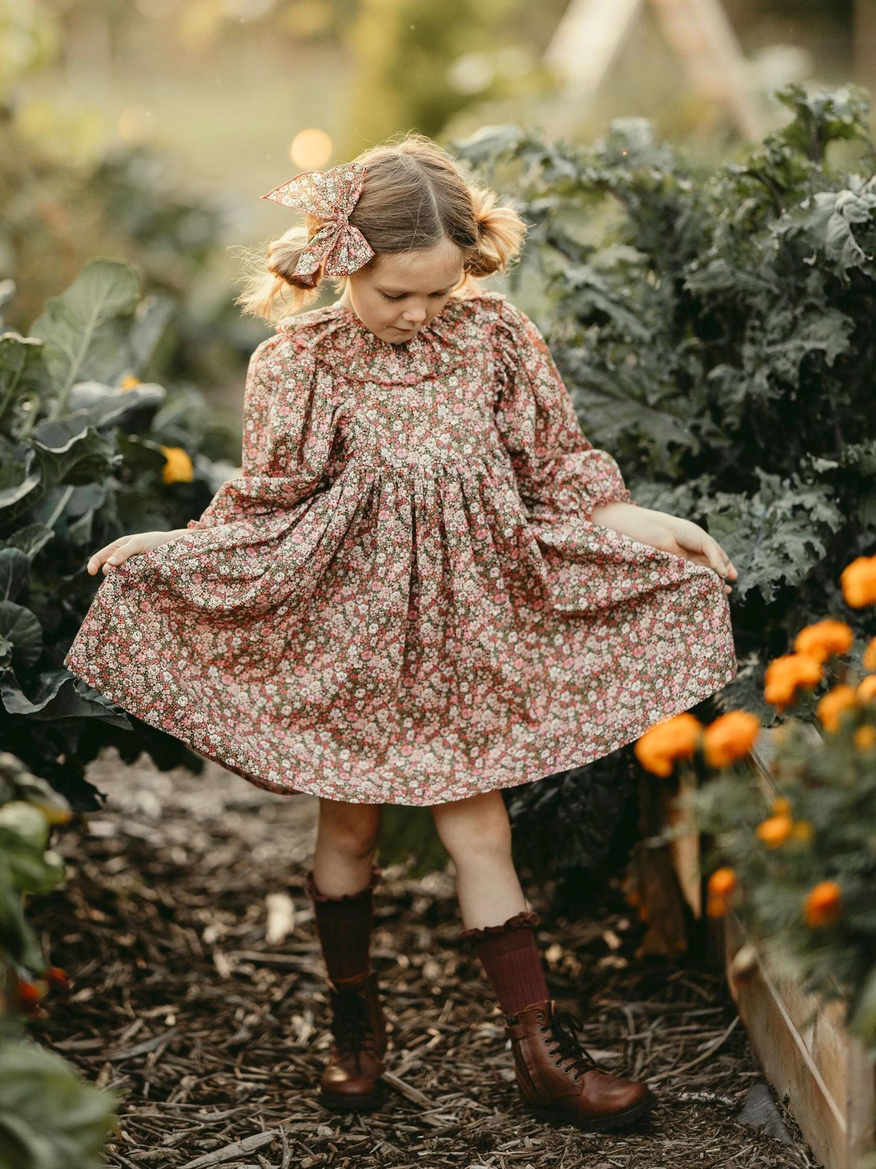 Girl Liberty Dress, Puff Sleeve Dress With Ruffle Collar | 