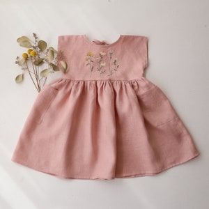 Linen Dloman Style Dress for Girls | Color Powder | "Chamomile Flowers" Embroidery