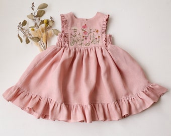Girl Linen Pinafore Dress with Ruffled Hem | Color Powder | "Echinacea" Embroidery