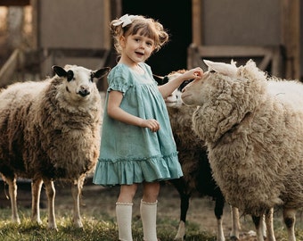 Girl Linen Short Sleeve Dress with Square Neck | Color Duck Egg Blue