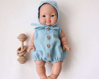 Minikane Doll Clothes, Romper and Bonnet Set, 34 cm Miniland Doll, 38 cm Doll, 13 inch Linen Doll Clothes