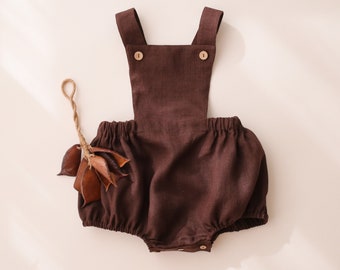 Girl Linen Pinafore Romper | Color Dark Brown