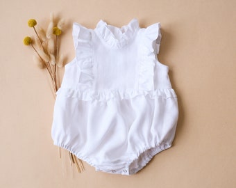 Baby Girl Linen Romper, Bubble Playsuit with Frills Bodice | Color Milk