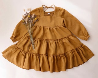 Girl Linen Tiered Dress in MUSTARD with Long Sleeve