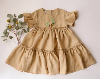 Girl Linen Dress with Flounce Sleeve | Color Melon | "Berries" Embroidery