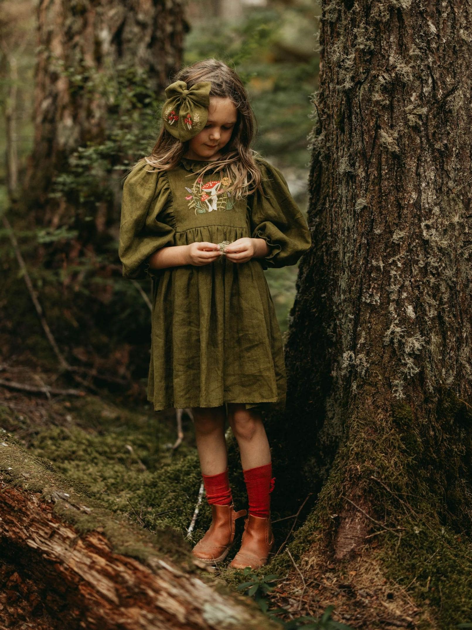 Linen Embroidered Dress for Girls with Puff Sleeve and Ruffle Collar, "Herbs & Mushrooms"