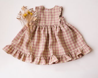 Linen Ruffled Hem Dress for Girls | Color Blush & Cream Gingham